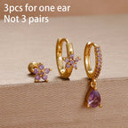 3pcs Purple Cubic Zirconia Piercing Earring Set Stainless Steel