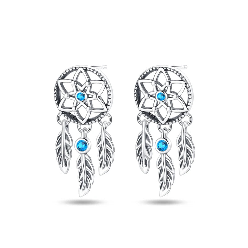 925 Sterling Silver Dreamcatcher Feather Ear Studs Hoop Earrings Jewellery Gift
