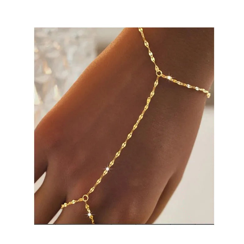 Stainless Steel Hand Chain Ring Bracelet for Women, Adjustable Gold Plated Doule-layer Bracelets, Christmas Party Jewelry