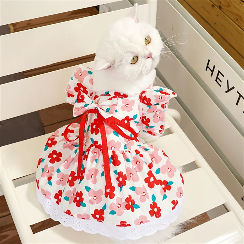 Sweet Bow Dog Cat Dress Set, Floral Lace Party Dress with Bow Tie, Cute Photoshoot Outfit for Small Medium Pets, Special Occasio