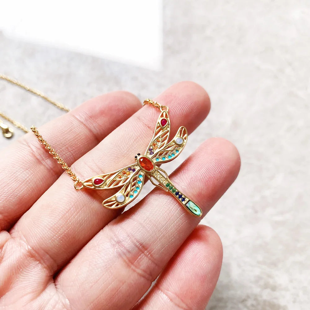 Large Dragonfly Necklace Link Chain 925 Sterling Silver Bohemia Happy Gift