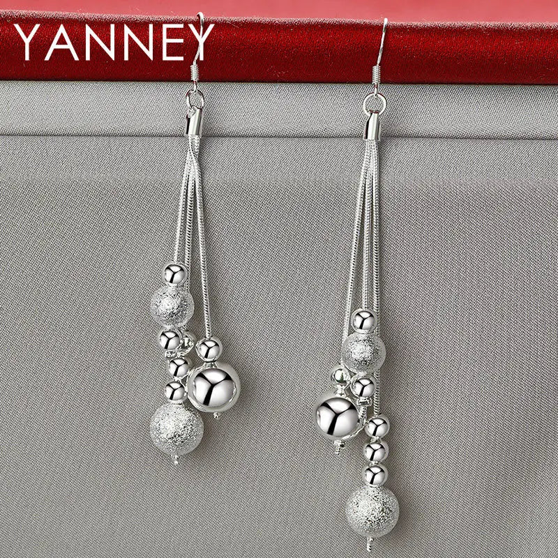 925 Sterling Silver 95mm Long Tassel Beads Earrings Women Fashion Wedding