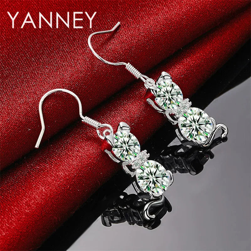925 Sterling Silver Cute Kitten Zirconia Earrings Women Fashion Wedding Gift