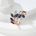 Marquise Cut Royal Blue Green Purple Pink Zircon Leaf Rings For Women Rose Gold Color Boho Cocktail Ring Wedding Bands Jewelry