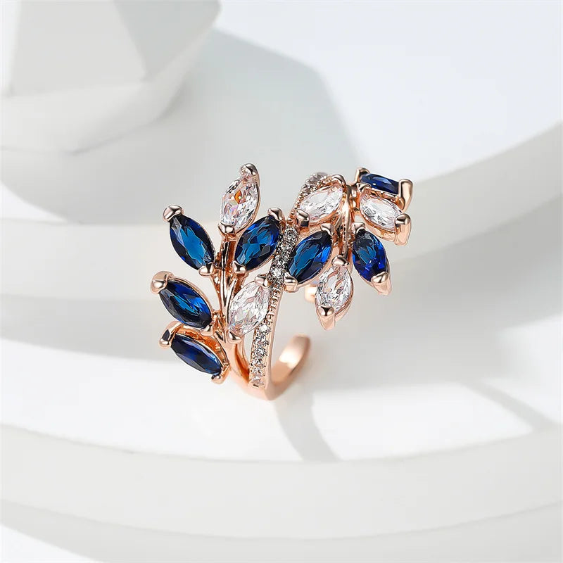 Marquise Cut Royal Blue Green Purple Pink Zircon Leaf Rings For Women Rose Gold Color Boho Cocktail Ring Wedding Bands Jewelry