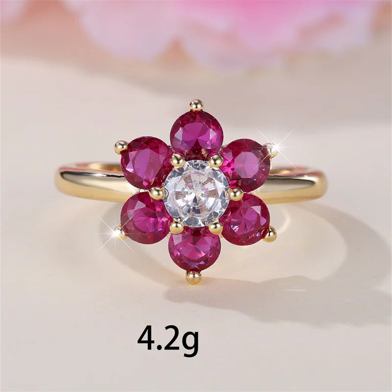 Charm Cherry Flower Rings For Women Rose Red Stone Cocktail Ring Wedding Bands Antique Gold Color CZ Engagement Party Jewelry