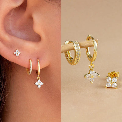 3PCS Gold Colour Crystal Zirconia Drop Earrings Flower Dangle Set