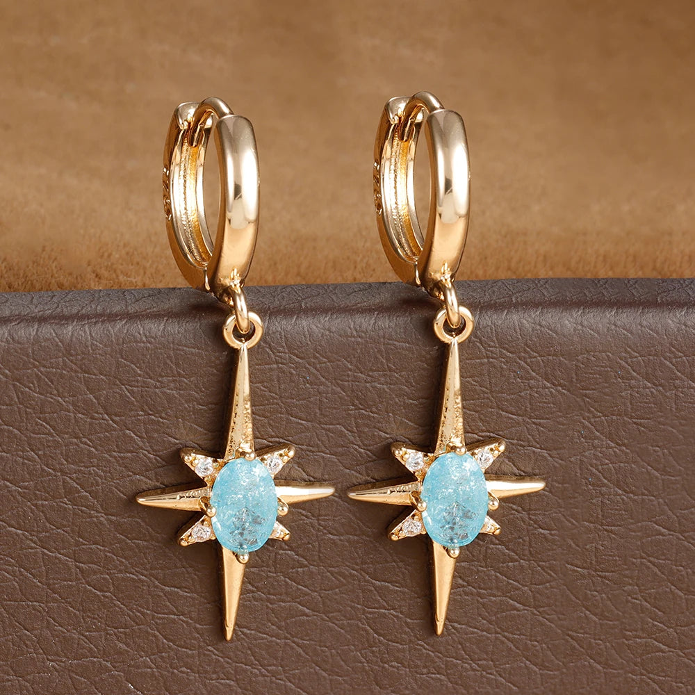 2PCS Simple Stainless Steel Star Hoop Earrings Gold Colour Zirconia
