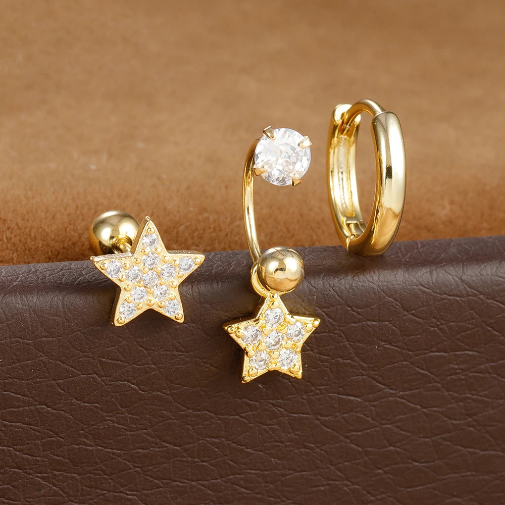 3pcs Stainless Steel Zircon Huggie Hoop Earrings Set Star Moon