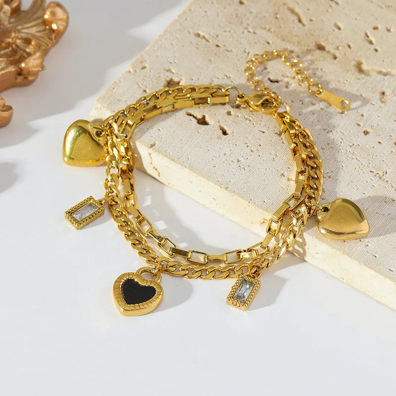 Reversible Heart Stainless Steel Charm Bracelet 18K Gold Plated Waterproof