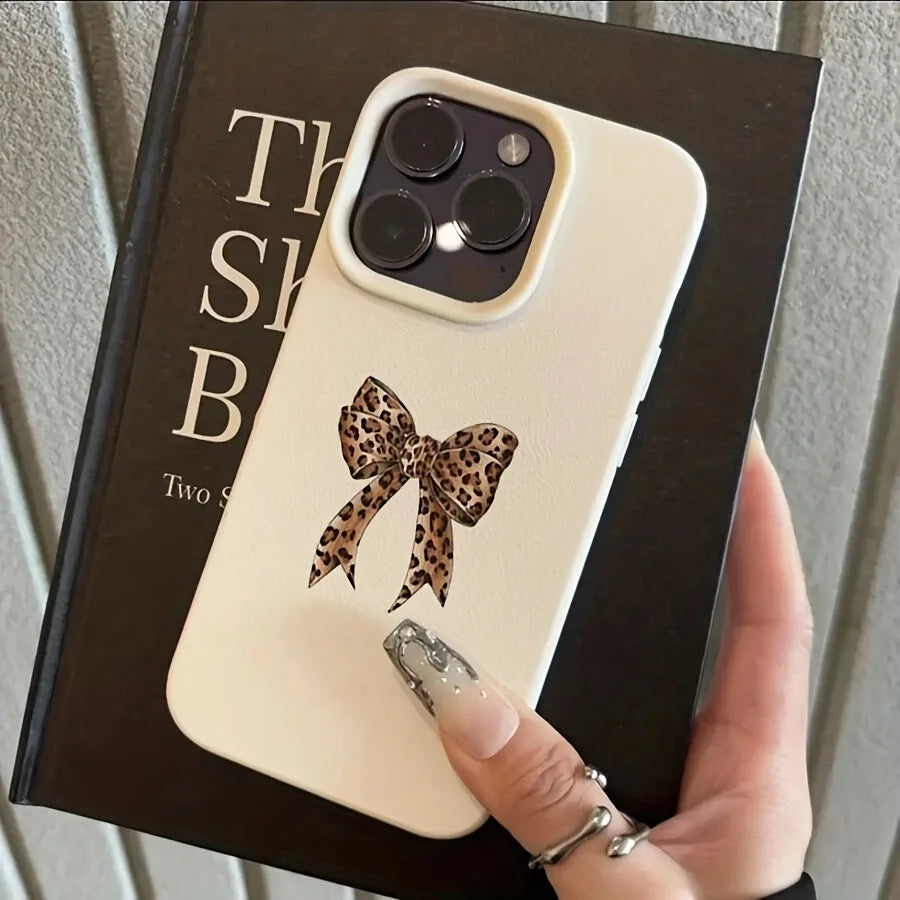Leopard Print Bow Lychee Case for iPhone 17 16 15 14 Pro Max Plus