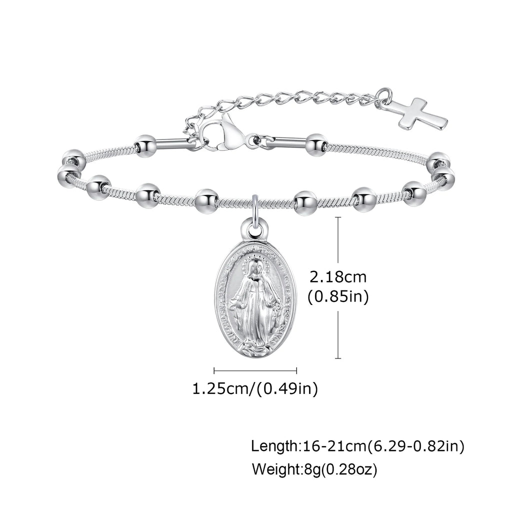 Virgin Mary Rosary Bead Cross Bracelet for Women, Tri-color Adjustable Chain Virgin of Guadalupe Bracelet Baptism Confirmation