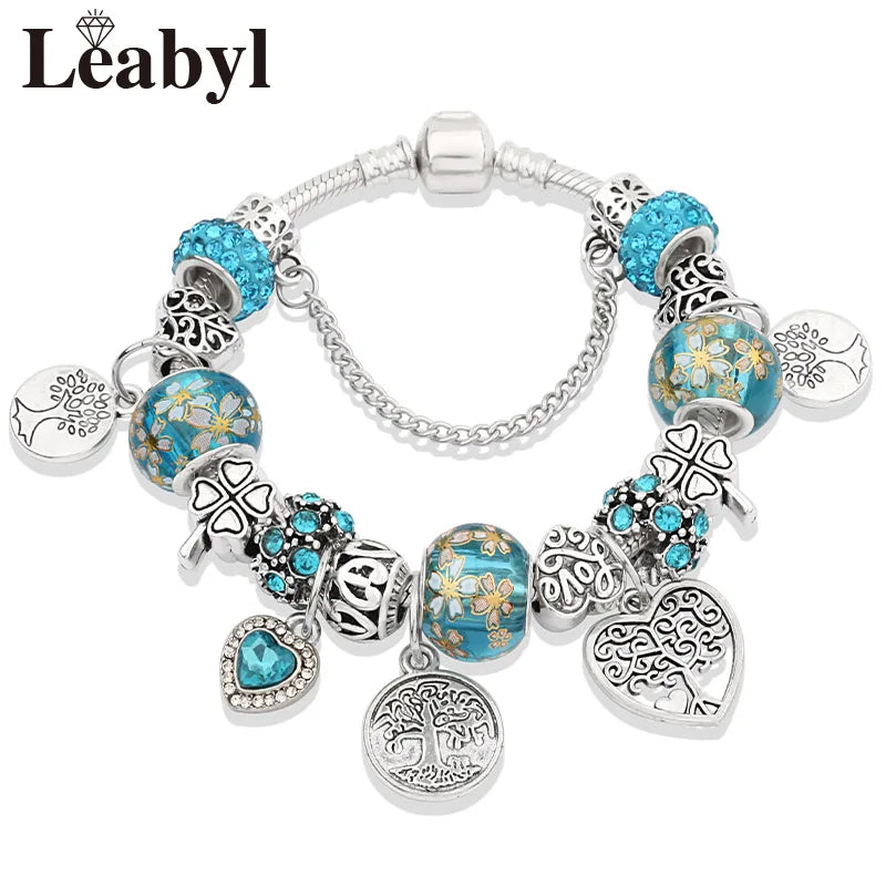 Tibetan Silver Tree of Life Charm Bracelet Green Crystal Flower Bead DIY