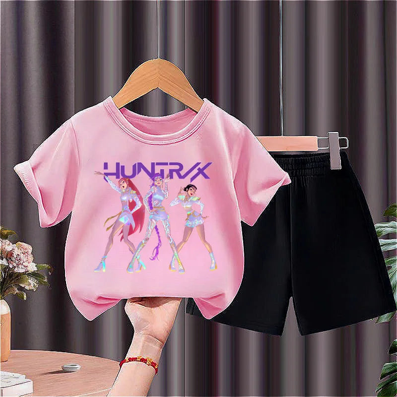 K-pop Girls Summer Casual T-Shirt and Shorts 2-Piece Fashion Outfit