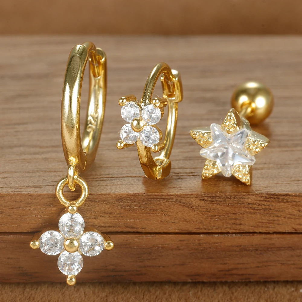 3PCS Four Flower Zircon Little Hoop Earring Star Cartilage Piercing