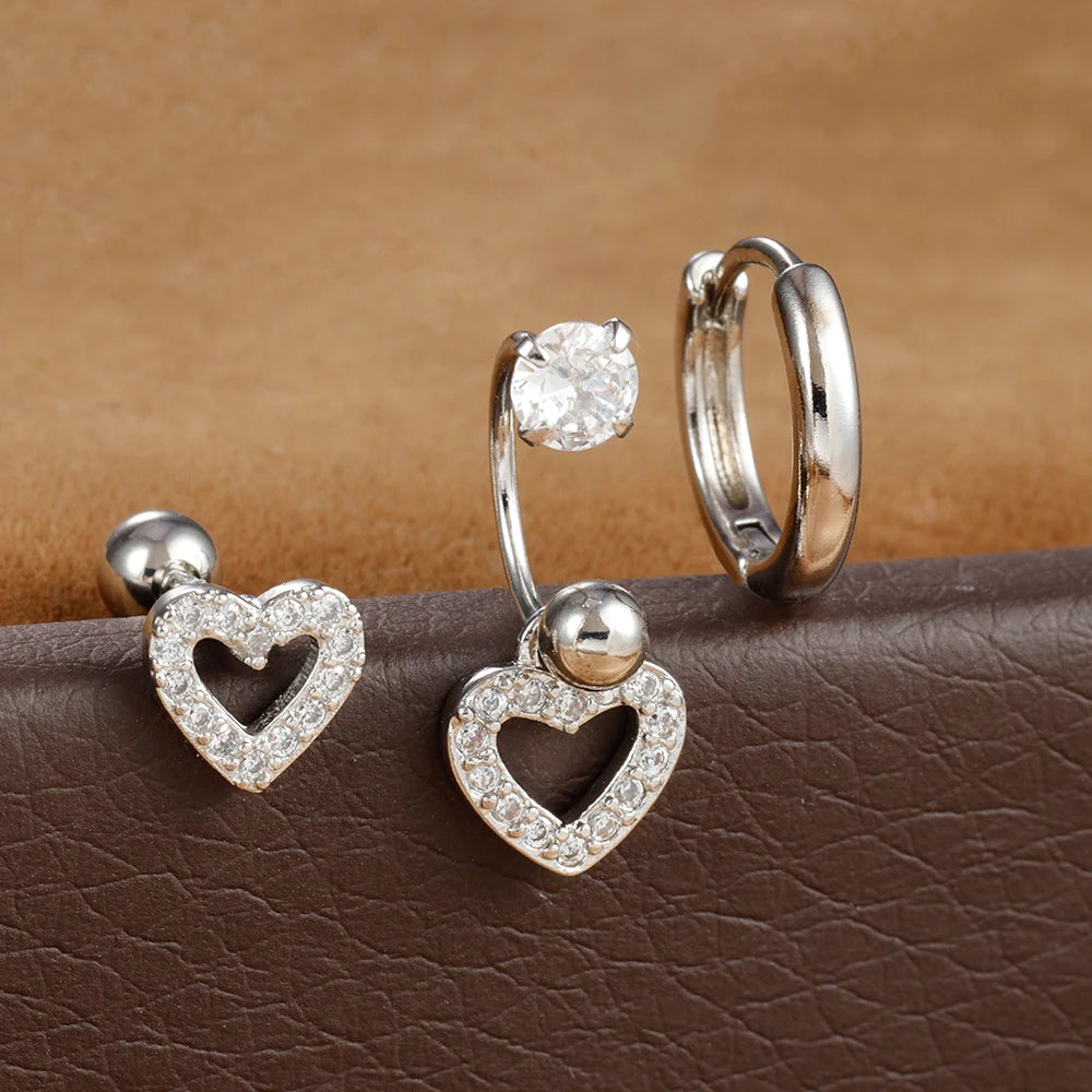 3pcs Stainless Steel Zircon Huggie Hoop Earrings Set Star Moon