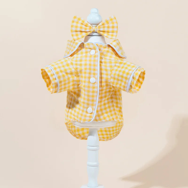 Grid Pattern Cat Dog Pajamas Set Soft Sleepsuit with Flower Headband