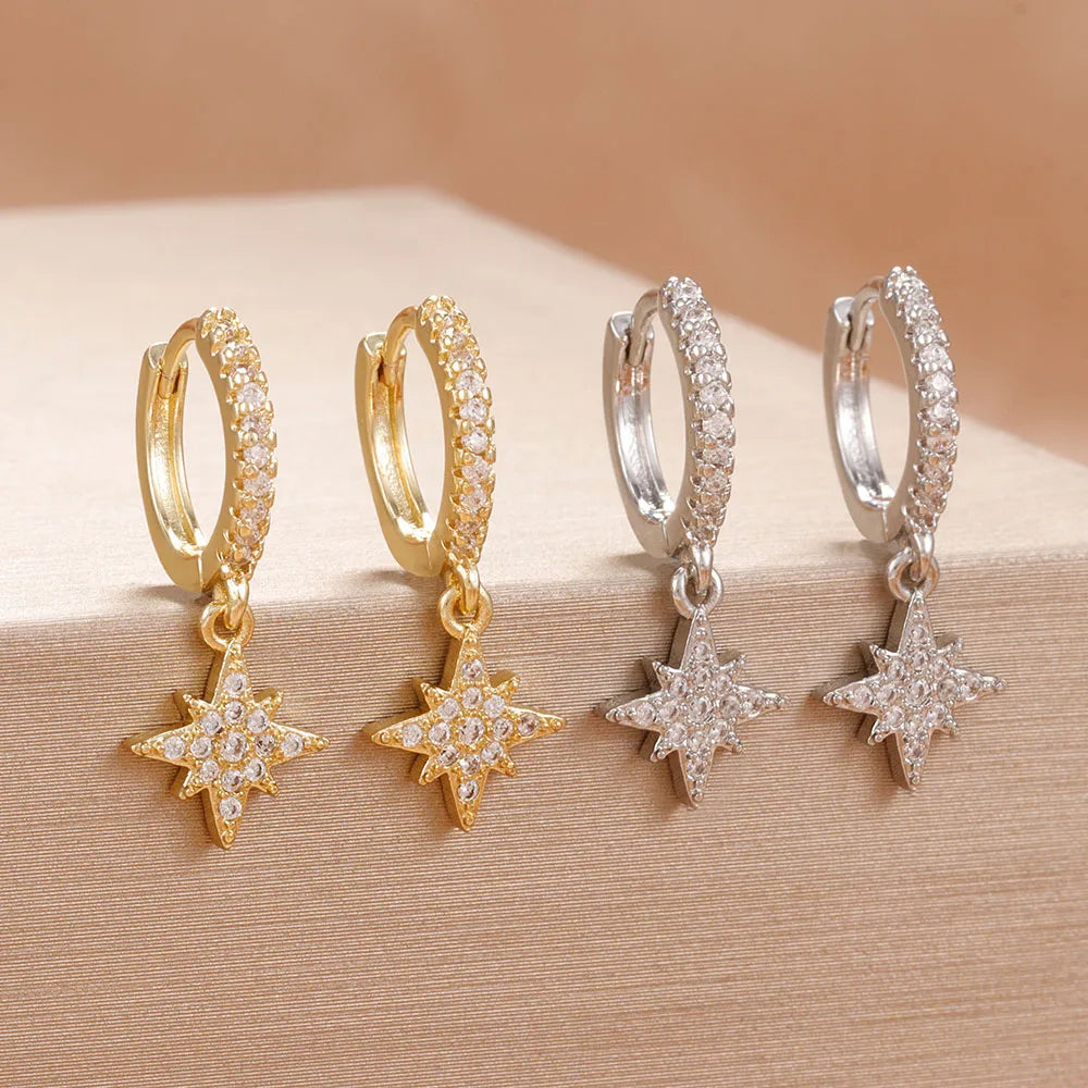 New Star Zircon Stainless Steel Pendant Hoop Earrings 18K Gold