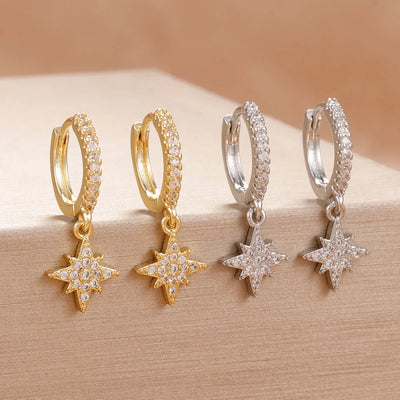 New Star Zircon Stainless Steel Pendant Hoop Earrings 18K Gold