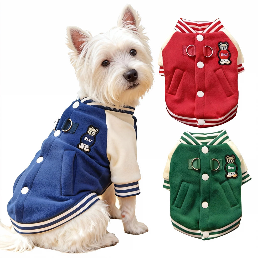 Fleece Dog Jacket Sporty Baseball Style Puppy Clothes Small Medium Breeds
