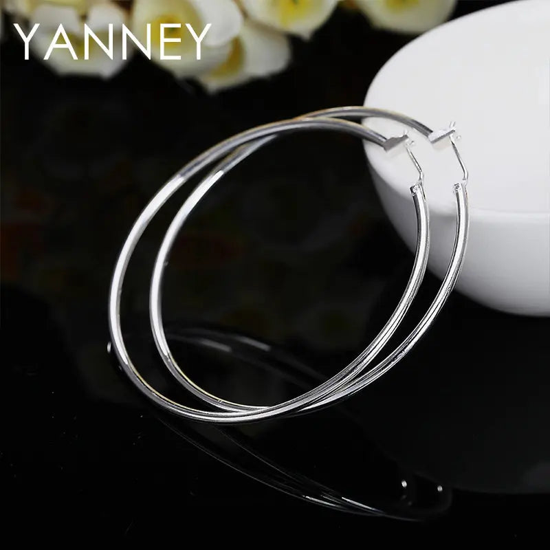 925 Sterling Silver 50mm Simple Circle Earrings Women Engagement Hip Hop Gift