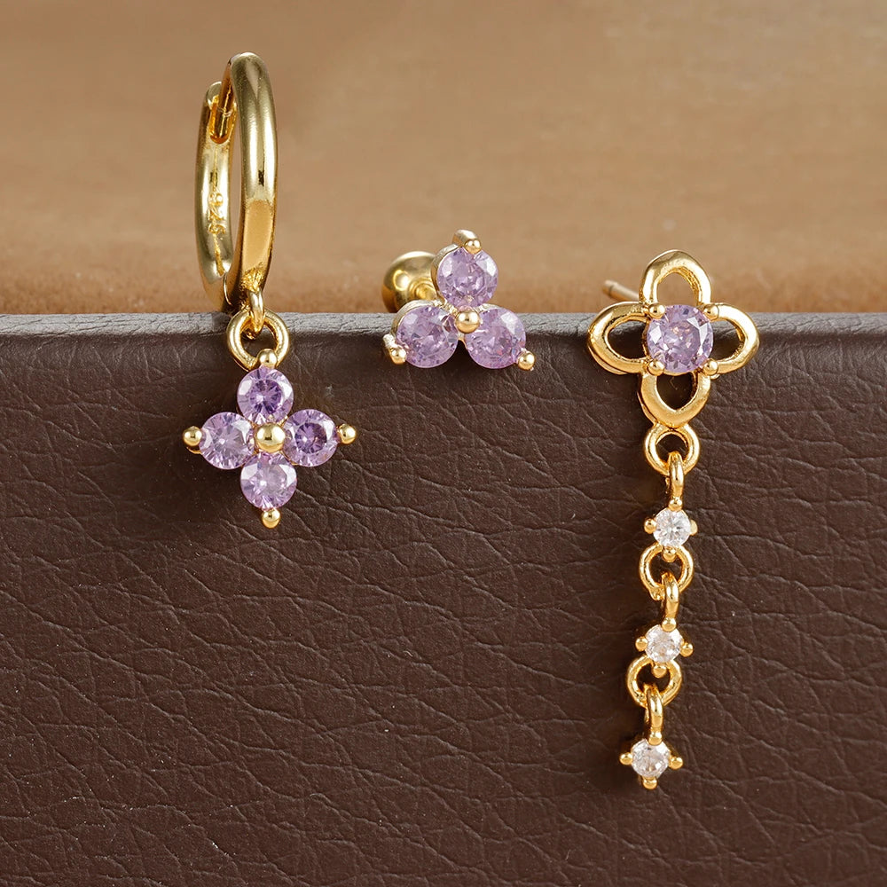3PCS Green Zircon Flower Hoop Earrings Set Stainless Steel Luxury
