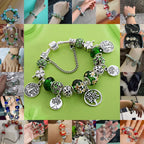 Silver Colour Tree of Life Bead Bracelet Green Leaf Crystal Charm Bangle
