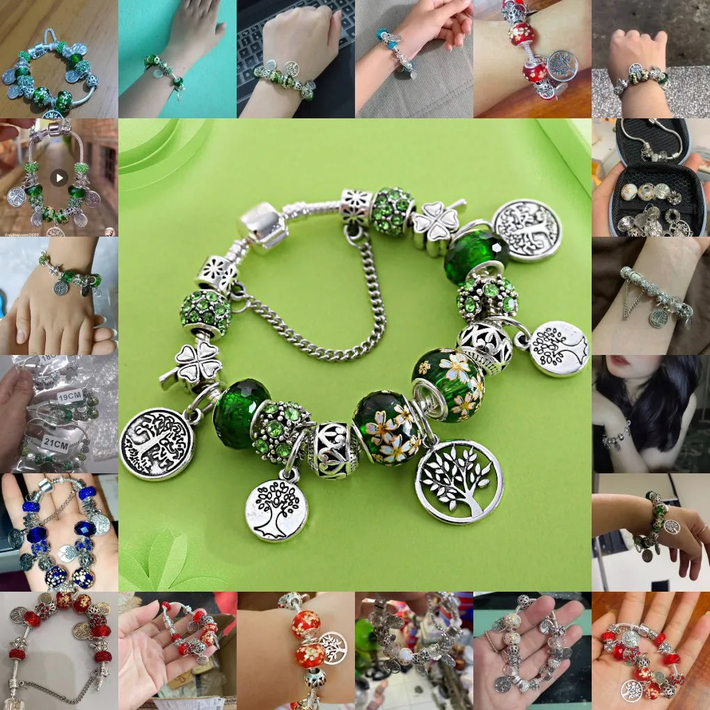 Silver Colour Tree of Life Bead Bracelet Green Leaf Crystal Charm Bangle