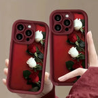Wine Red & White Rose Case for iPhone 16 15 14 13 12 11 Pro Max XR 7 8 Plus
