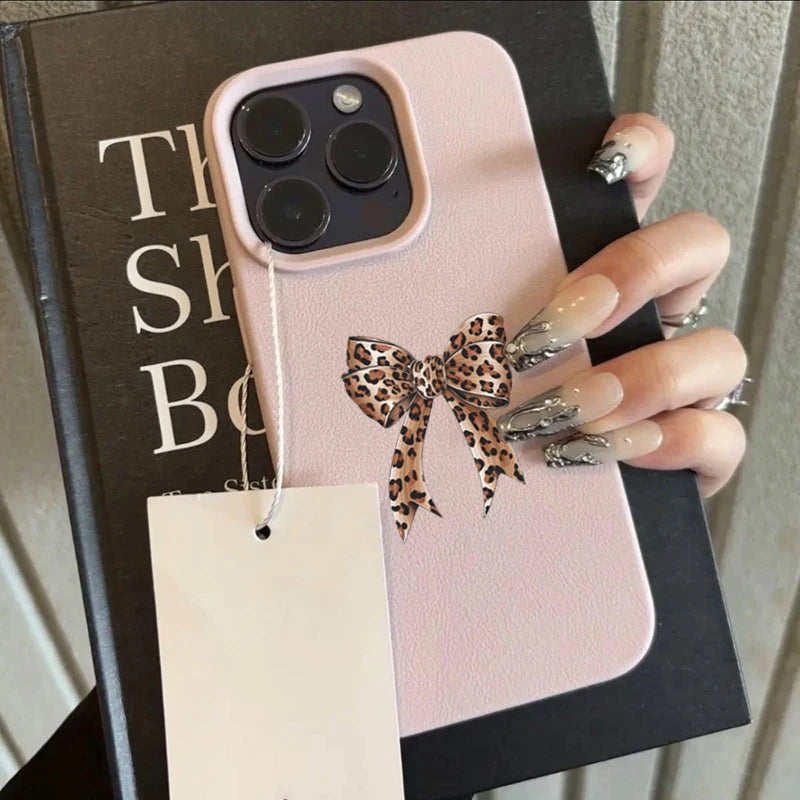 Leopard Print Bow Lychee Case for iPhone 17 16 15 14 Pro Max Plus