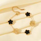 Five Leaf Clover Stainless Steel Bracelet Black Flower Wrist Chain