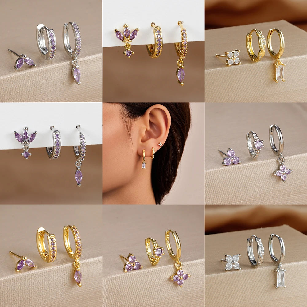 3PCS Trendy Gold Colour Square Zircon Hanging Earring Twisted Circle