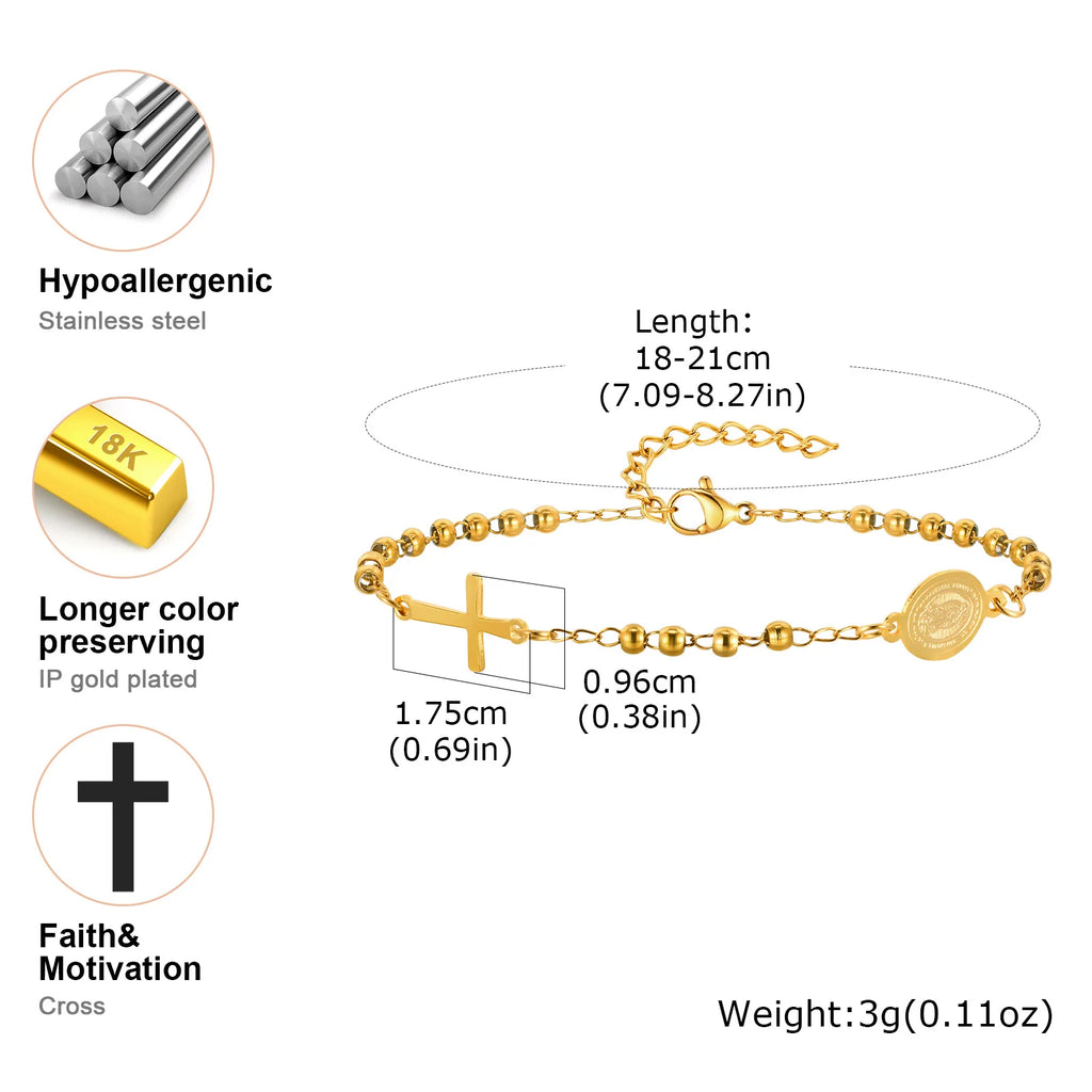 Beads Chain Virgin Mary Bracelet For Women, Stainles Steel Rosary Cross Bracelets, Gold Plated Faith Jewelry Gift