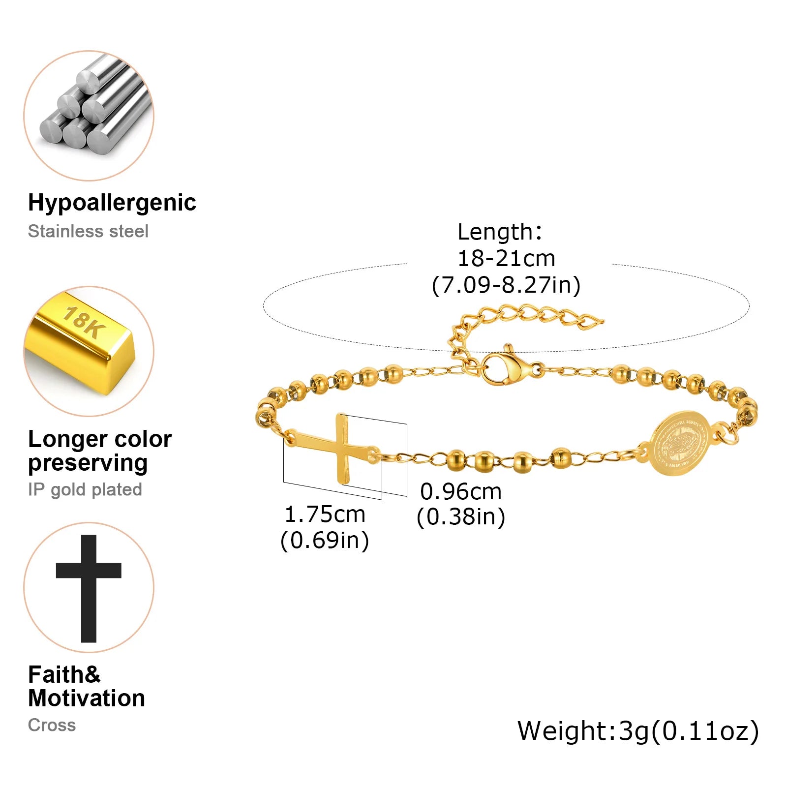 Beads Chain Virgin Mary Bracelet For Women, Stainles Steel Rosary Cross Bracelets, Gold Plated Faith Jewelry Gift