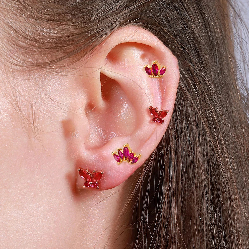 2PCS New Stainless Steel Rose Red Mini Piercing Stud Earrings