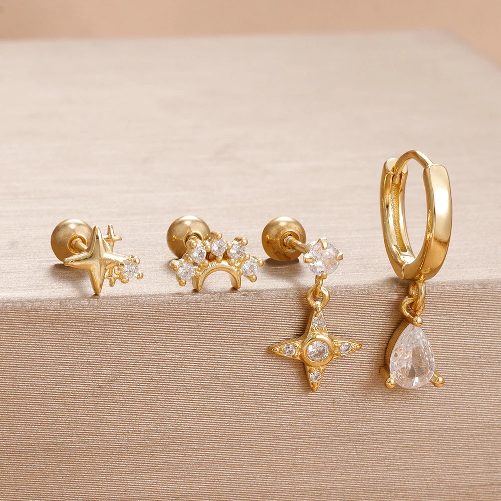 4PCS Star Moon Stainless Steel Zircon Stud Earrings 14K Gold Plated