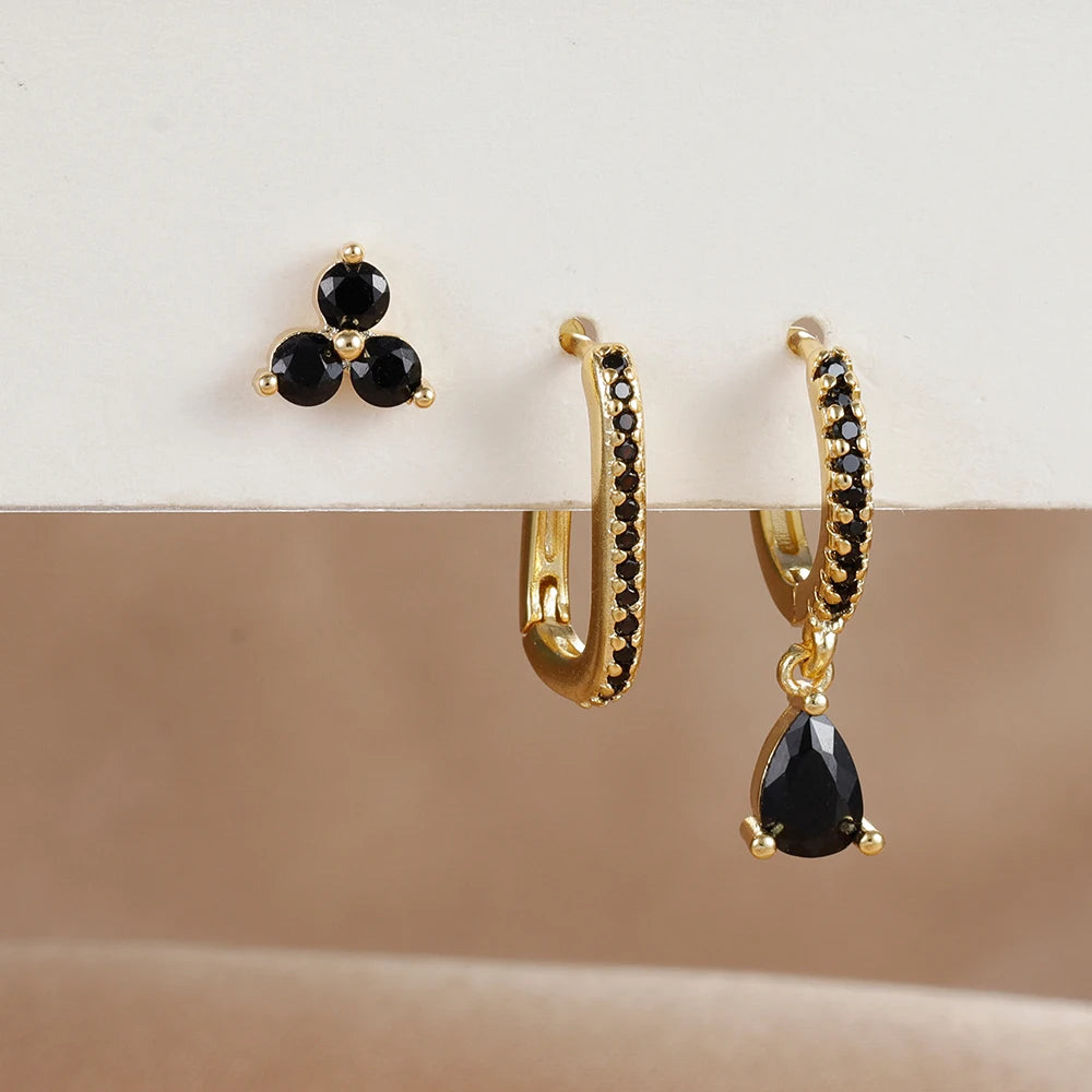 3PCS Waterdrop Shape Zircon Hoop Earrings Triangle Flower Studs