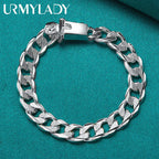 10mm Side Chain Bracelet 925 Sterling Silver Men Women Wedding Charm Gift