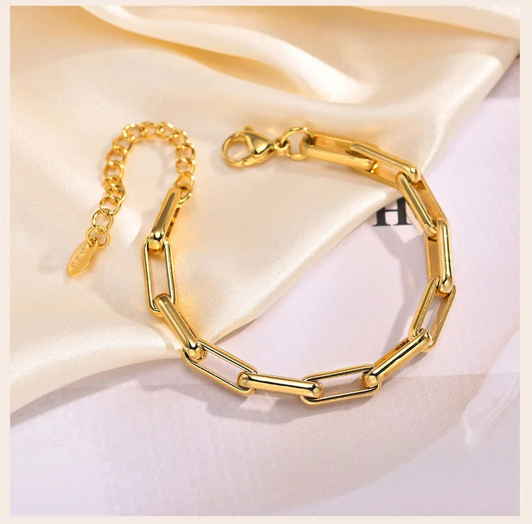 6mm Paperclip Chain Bracelet 18k Gold Plated Stainless Steel Link Adjustable Stackable Jewelry for Women Girls Gift