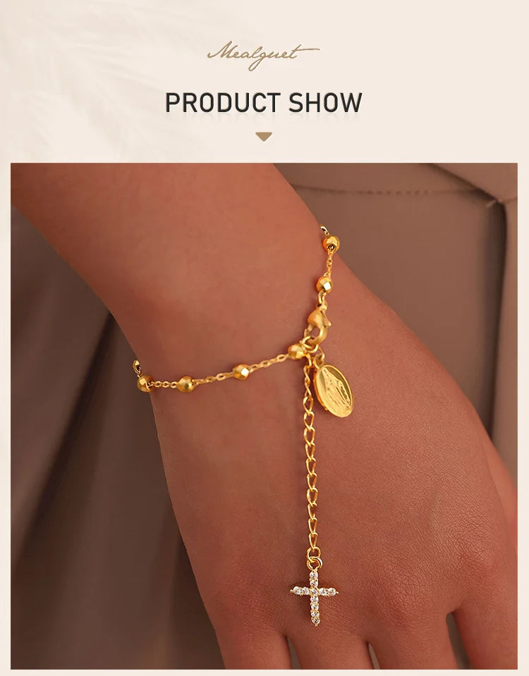 Charm Cubic Zirconia Cross Rosary Bracelet for Women, Stainless Steel  Mary Adjustable Link, Religious Jewelry Gift