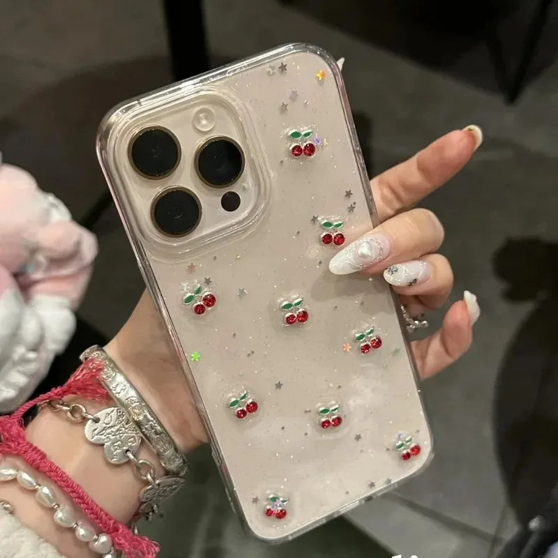 Glitter Diamond 3D Cherry Sequins Clear Case for iPhone 17 16 15