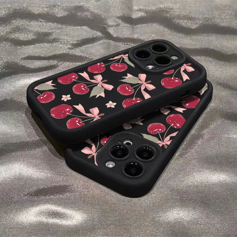 Small Cherry Pattern Case for iPhone 17 16 15 14 13 12 11 Pro Max XR XS Mini