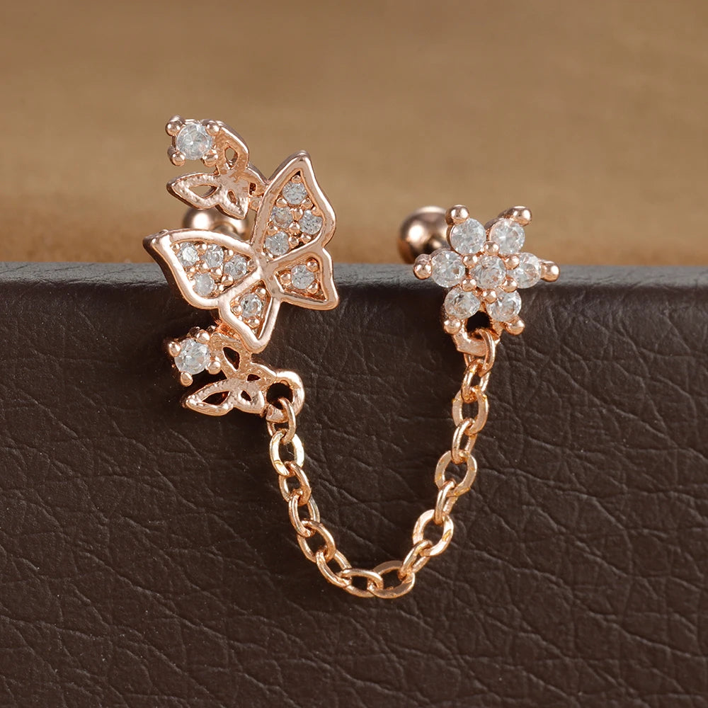 New Double Ear Studs Tassel Chain Hanging Earrings Flower Butterfly