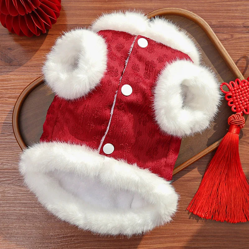 Festive Red Plush Vest Dog Cat Embroidered Costume Warm Sleeveless Jacket