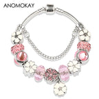 Romantic Pink Heart Charm Bracelet Fine Crystal DIY Bead Bangle Gift