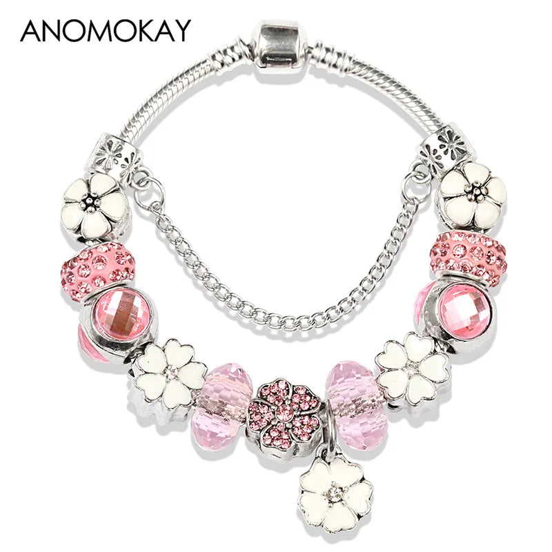 Romantic Pink Heart Charm Bracelet Fine Crystal DIY Bead Bangle Gift