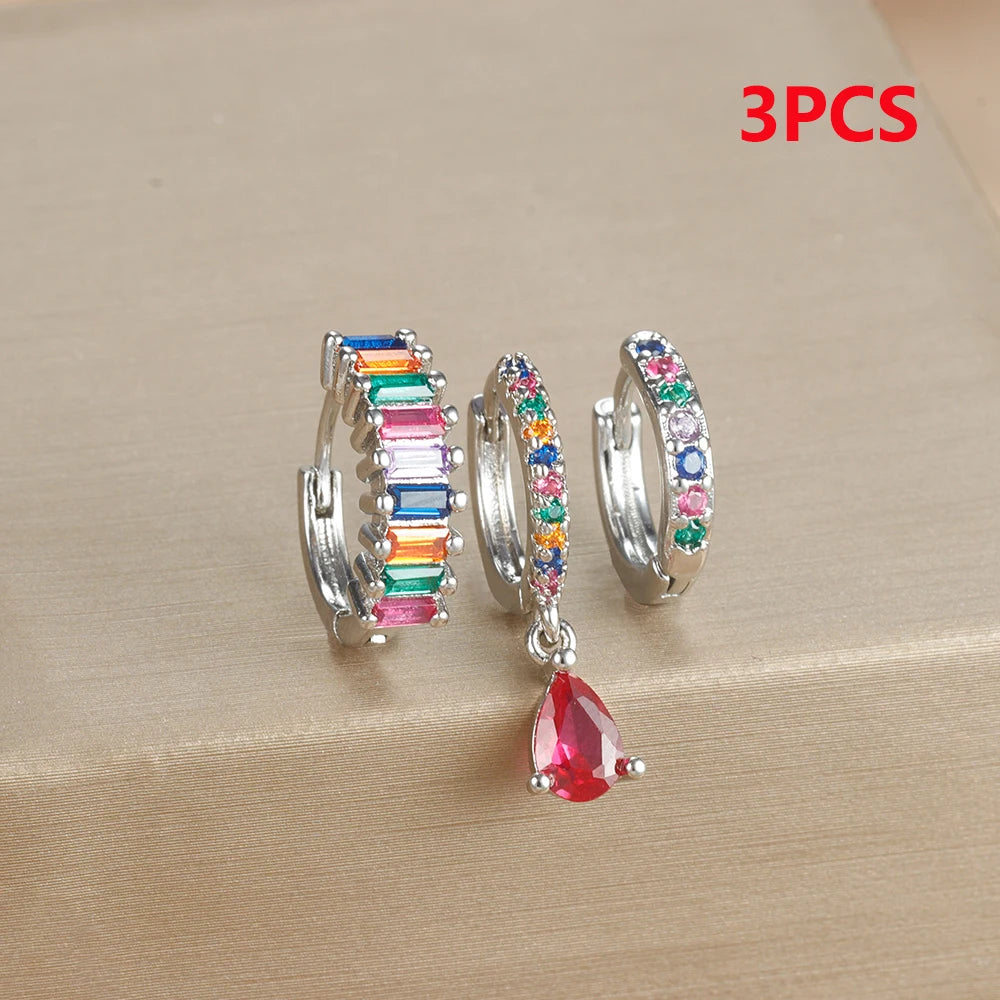 3PCS Stainless Steel Gold Plated Hoop Earrings Zircon Pendant