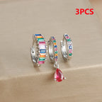 3PCS Stainless Steel Gold Plated Hoop Earrings Zircon Pendant