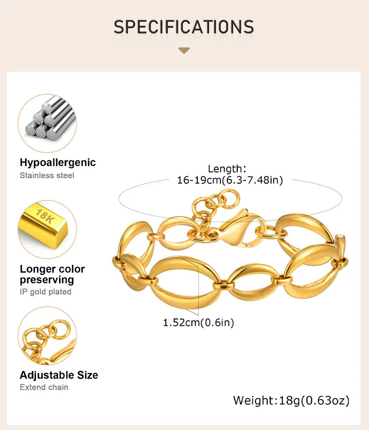 Stainless Steel Oval Fancy Link Chain Bracelets For Women, Chunky Thick Geometric Bangle Hypoallergenic Jewelry