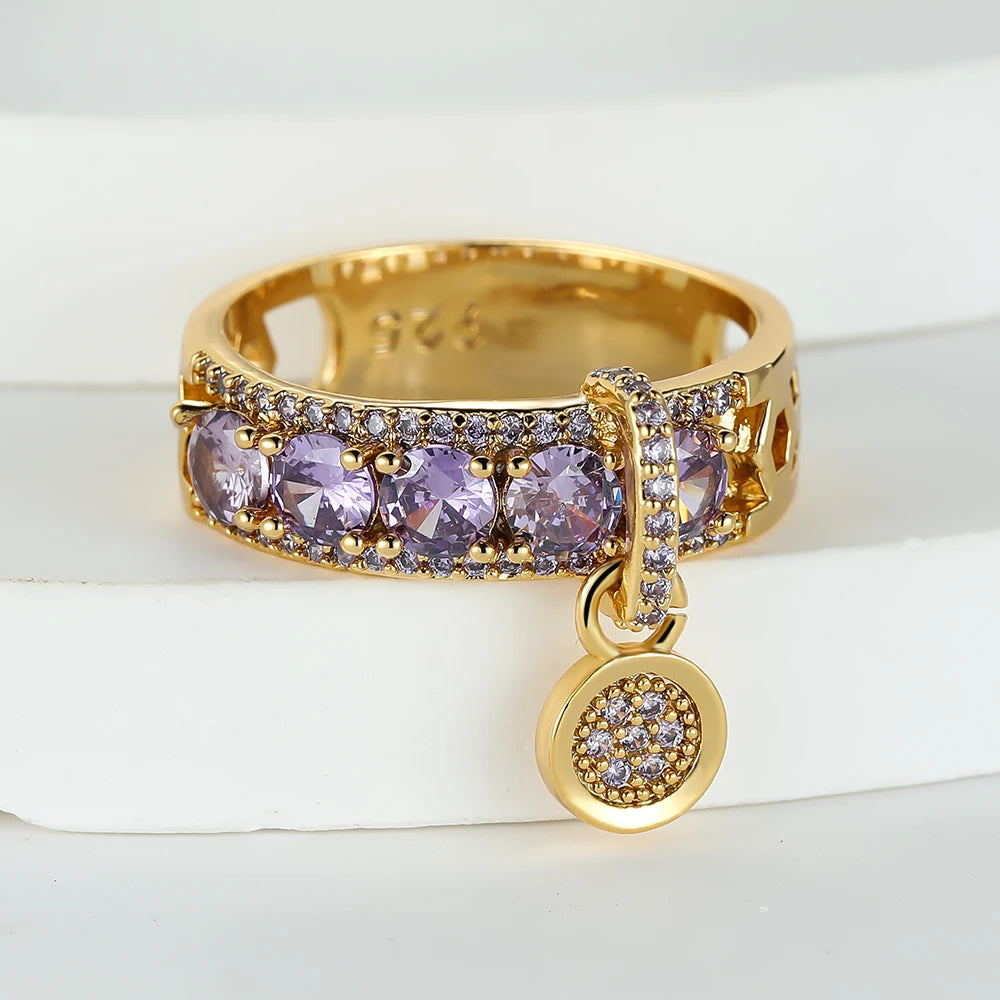 Vintage Female Purple Green Stone Dangle Ring Gold Color Zircon Round Rings For Women Dainty Wedding Bands Christmas Day Jewelry